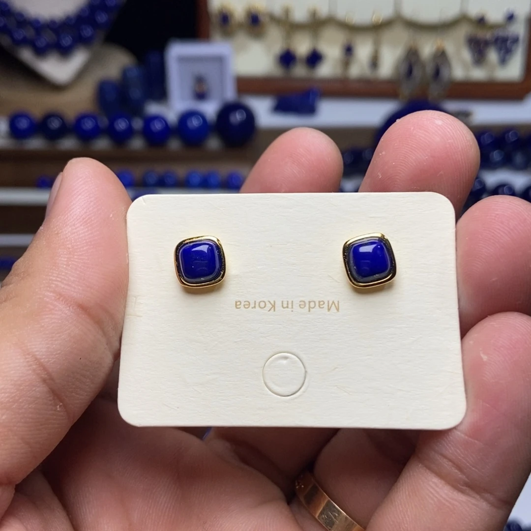 青金石银S925镀金镶嵌耳饰重工重银款