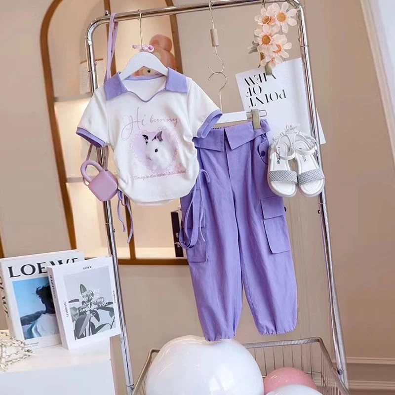 女童中大童时髦洋气polo领休闲套装春夏新款拼接撞色兔子两件套潮