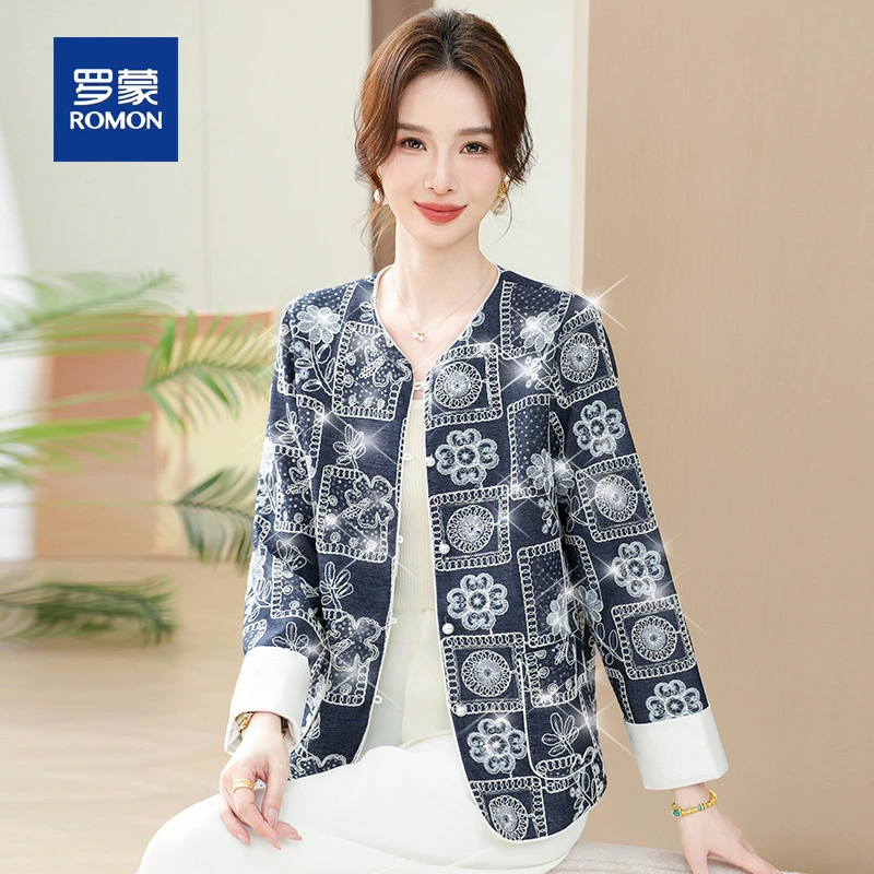 罗蒙气质妈妈春秋装复古短款外套女新款时尚印花薄款中年女装上衣