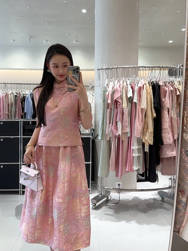 夏季新中式国风时尚减龄粉色宋锦套装