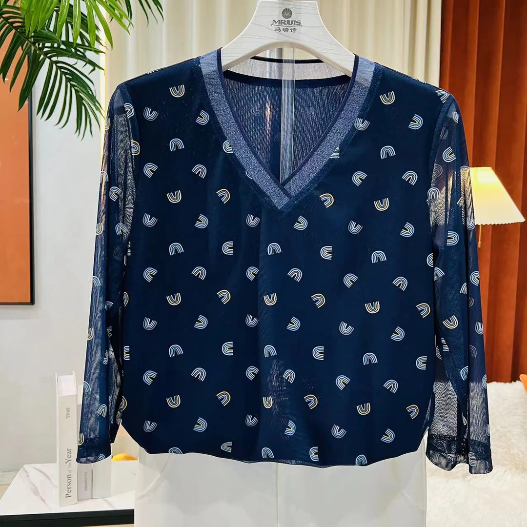 T5353夏季透气休闲印花T恤v领时尚长袖百搭潮流七分袖显瘦百搭