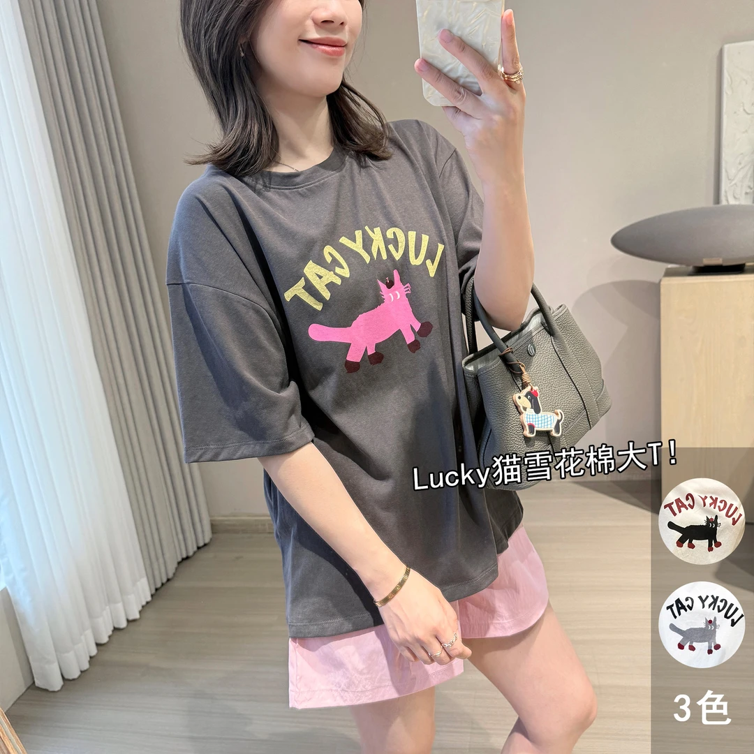 靓小靓【Lucky猫雪花棉大T】宽松遮肉中长款凉感休闲短袖纸片人透气
