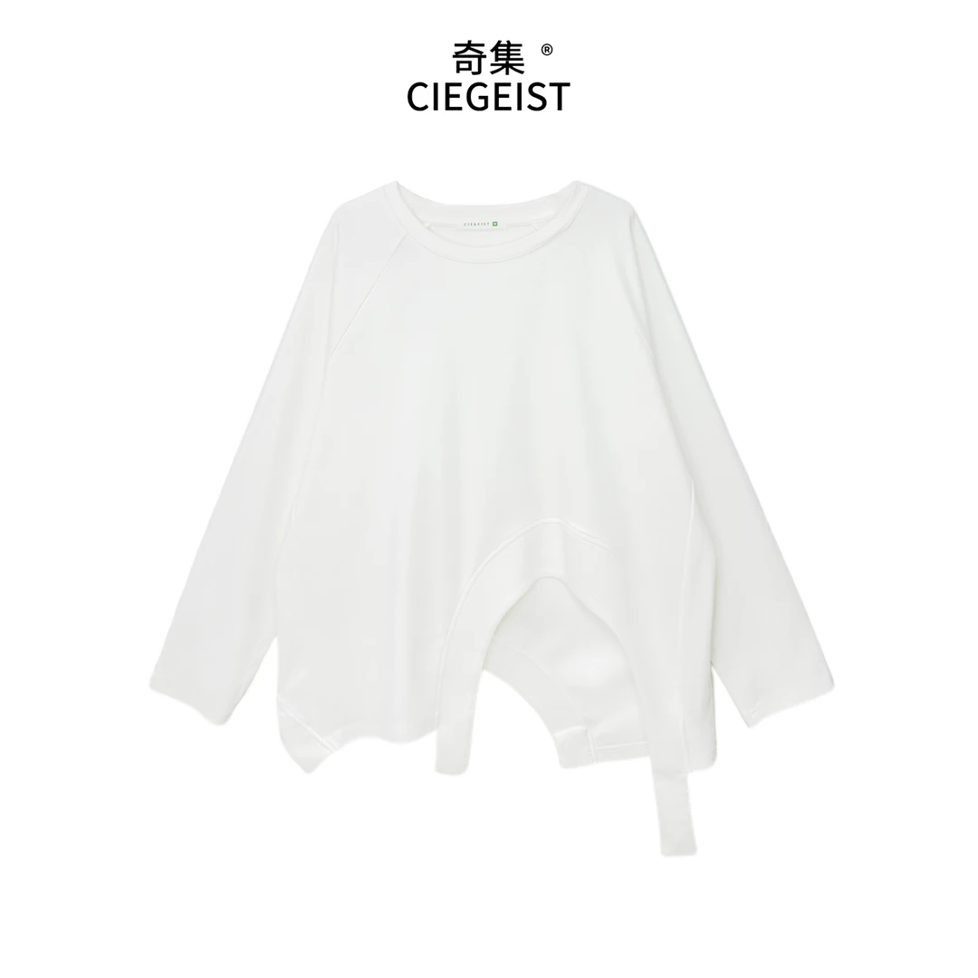2025秋冬设计师款宽松百搭不规则下摆圆领长袖打底衫T恤6109