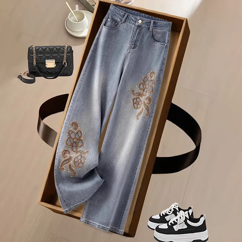 新中式国风牛仔裤女春季2025新款爆款宽松显瘦直筒裤刺绣阔腿裤潮