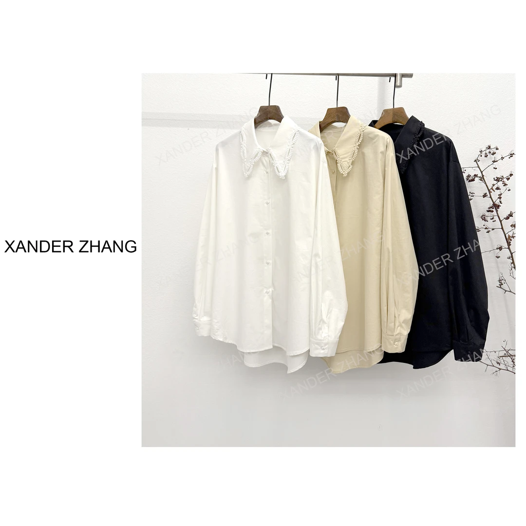 山大张极简风精致花边领廓形衬衫YBST1H013氛围感中长款百搭显瘦