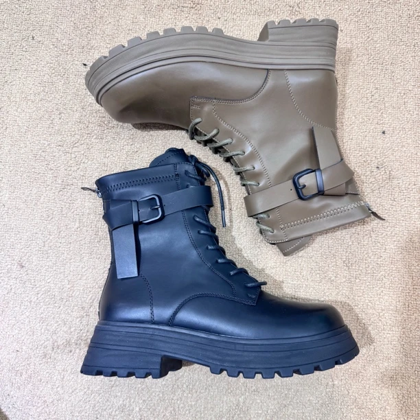 73062春秋季单里爆款厚底小平底马丁靴软皮软底圆头女靴系带时尚