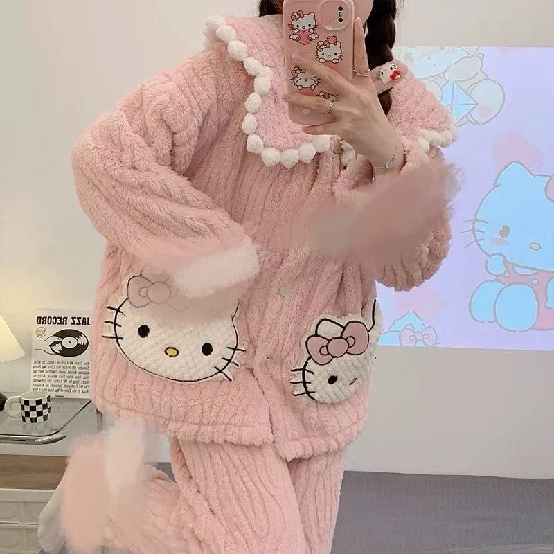 粉色KT猫加厚珊瑚绒提花甜美保暖家居服            冬款