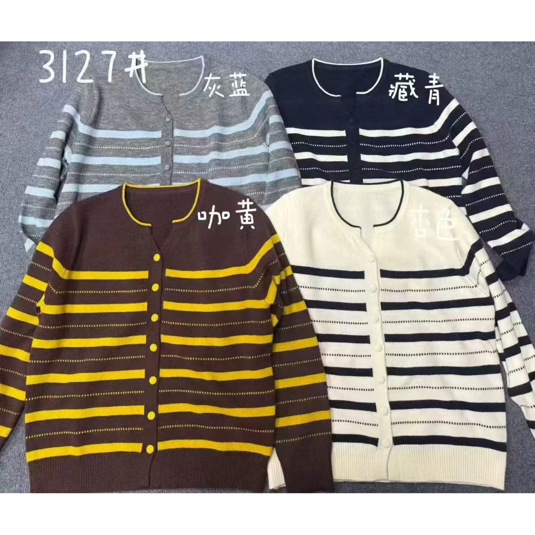 欧货圆领长袖撞色条纹毛针织衫女装开衫秋季