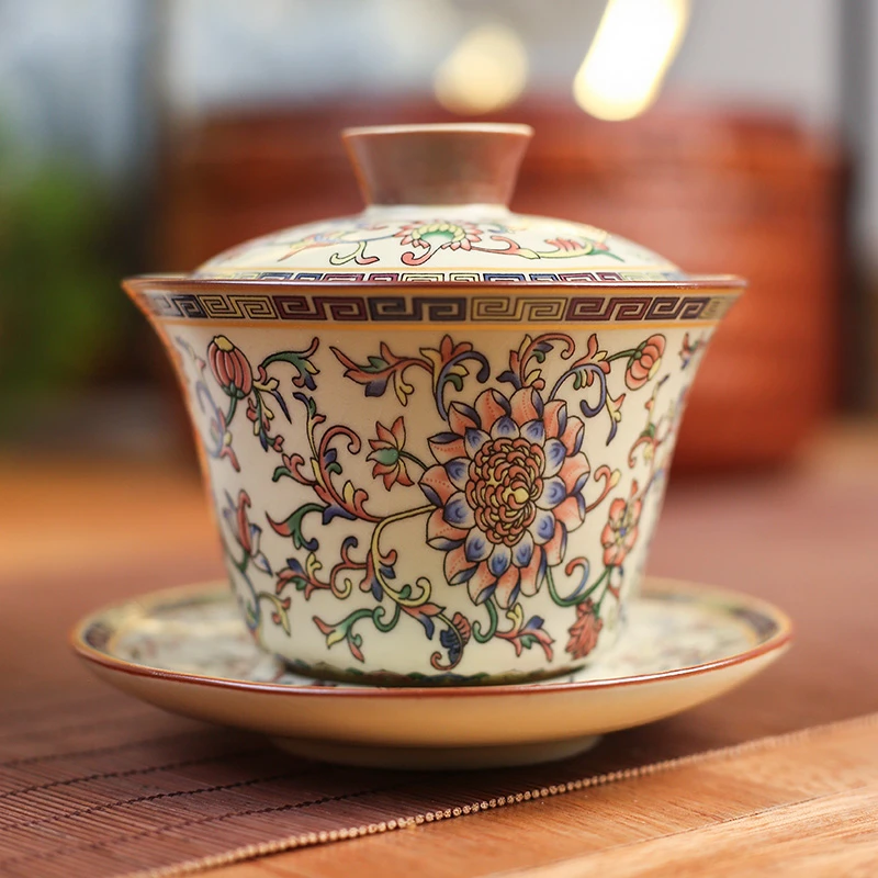 汝窑缠枝莲三才盖碗G2216