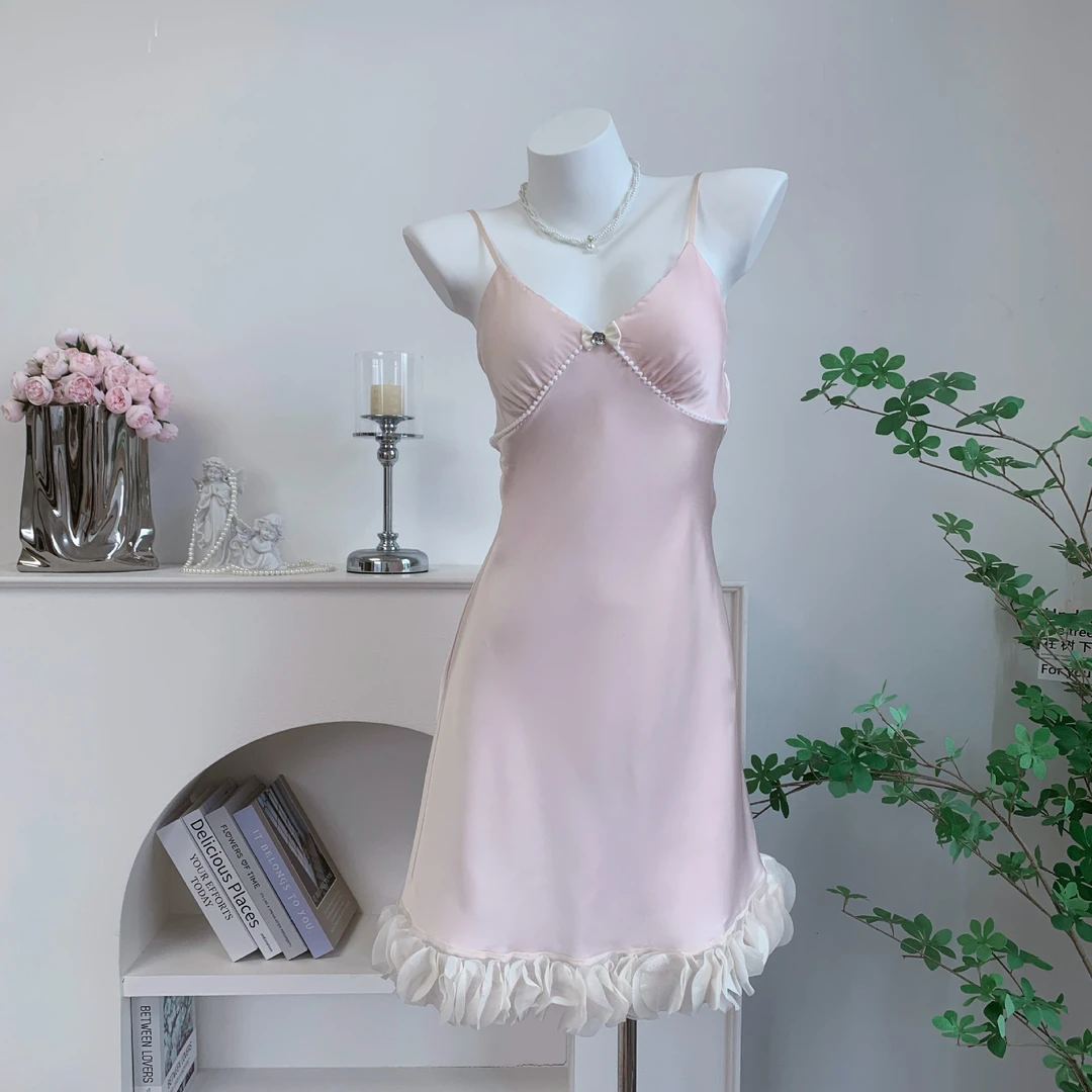 2025法式性感吊带带胸垫睡裙女V领网纱荷叶边甜美纯欲家居服睡衣