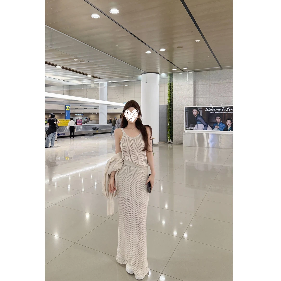 洋气衣服女夏季新款披肩纯欲镂空吊带背心针织衫包臀半身裙三件套