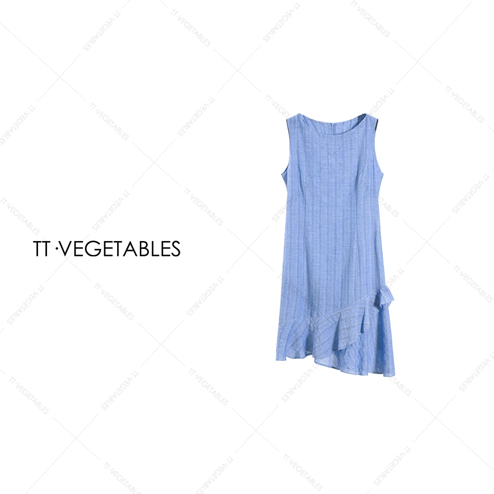TT・VEGETABLES【序白】蓝荷 有机棉色织无袖显瘦荷叶边连衣裙517903