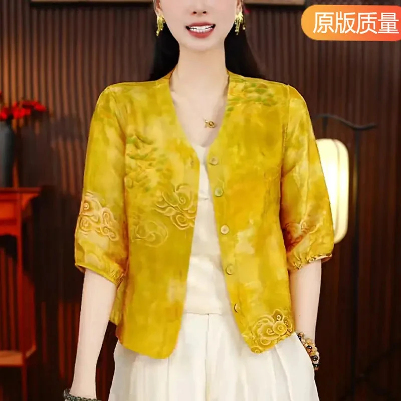 新中式国风外套女夏季新款桑蚕 丝外搭开衫贵夫人妈妈香云 纱上衣