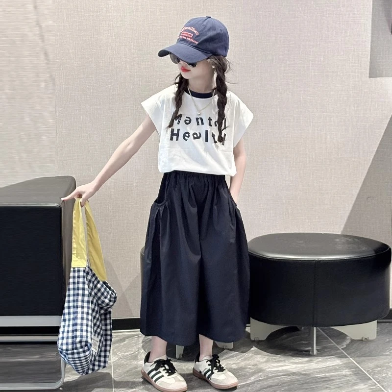 女童夏季套装2025新款洋气大童韩系短袖夏装6-12岁儿童七分阔腿裤