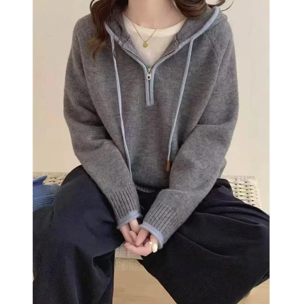 【XM】韩系秋冬新款高级感灰色半拉链连帽针织宽松慵懒风时尚外套女