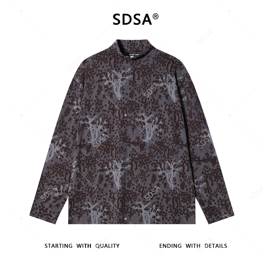 SDSA秋冬新款痞帅男装休闲时尚撞色暗纹提花半高领长袖T恤百搭