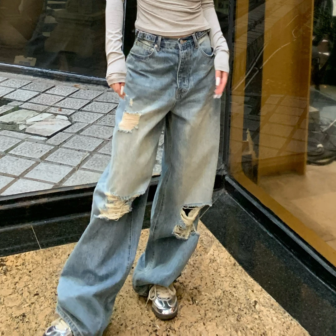 春季新品高端牛仔裤女直筒破洞拖地磨破水洗做旧高级感设计师长裤