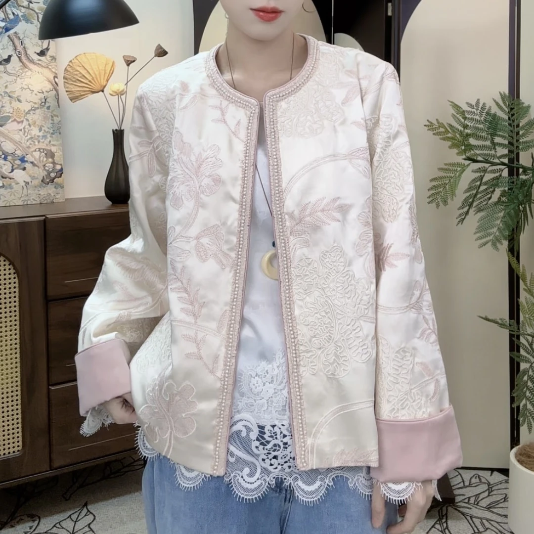 [251414]春款新中式粉色珍珠圆领高级感手工盘扣提花国风气质外套