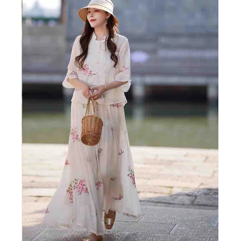 复古苎麻内里包边刺绣盘扣衬衫女文艺大码新中式舒适衬衣