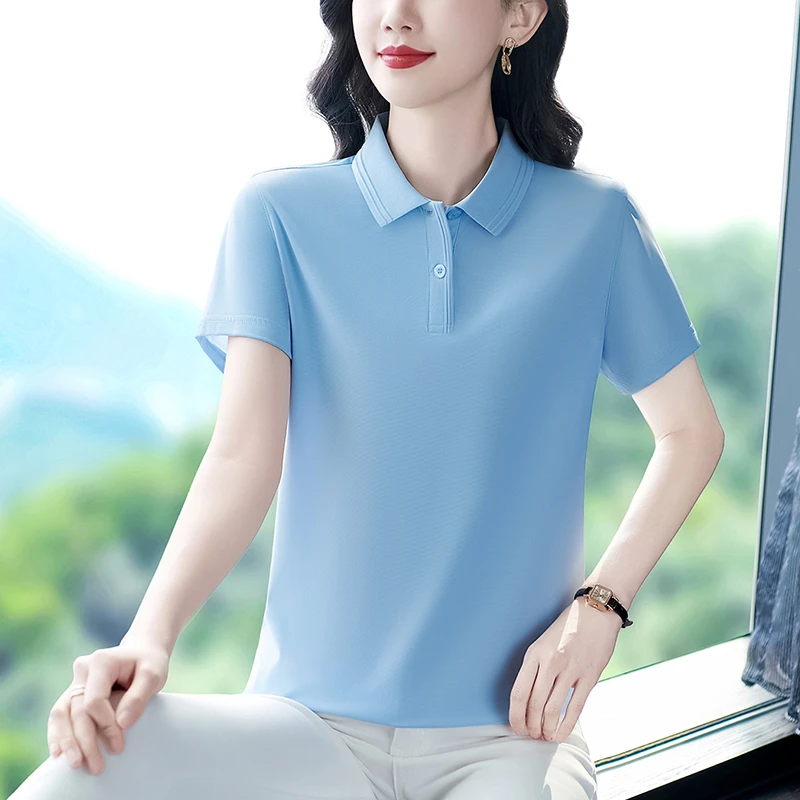 白色短袖t恤女2025夏季新款漂亮妈妈装冰丝上衣时尚休闲翻领polo