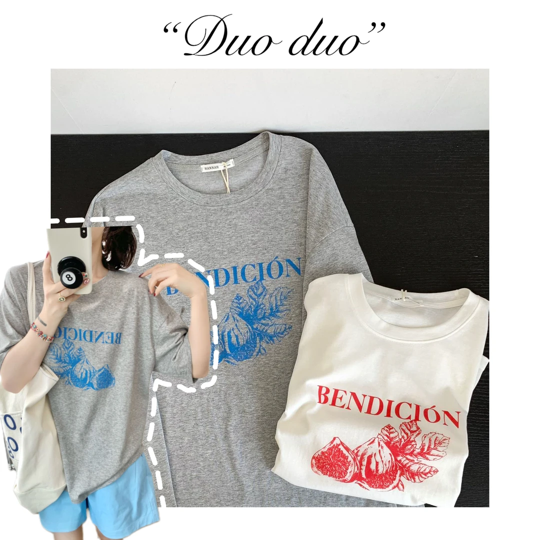 自留无花果  - 韩国单休闲百搭印花设计师款圆领短袖T恤女宽松