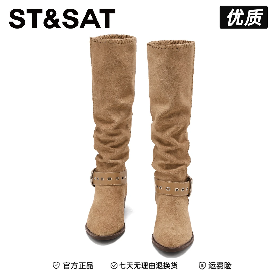 星期六复古皮带扣西部牛仔靴女2025新款百搭瘦瘦靴粗跟尖头长筒靴