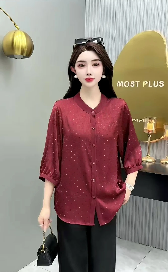春夏满天星圆领衬衫七分袖妈妈装时尚宽松压花开衫