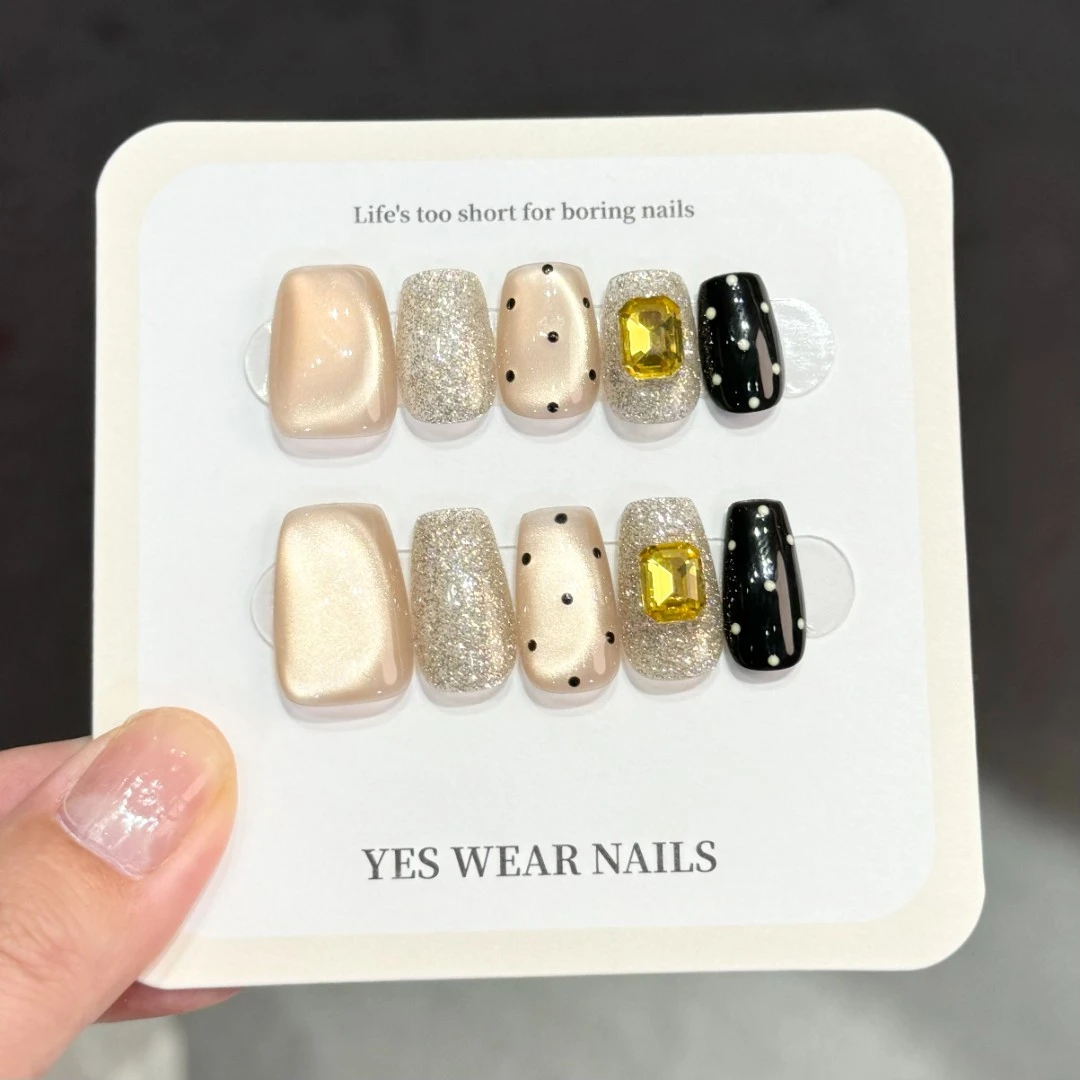 【赫本黑波点】野世穿戴甲 爆闪美甲 纯手工穿戴甲