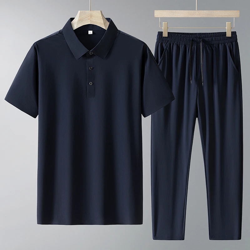 【工厂直销】夏季新款中老年冰丝套装 爸爸装轻商务冰丝POLO衫男