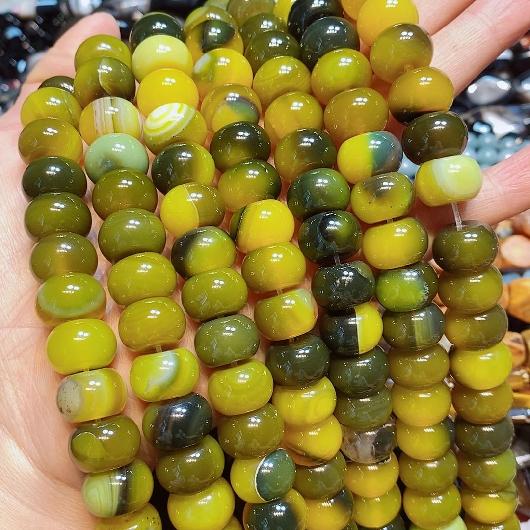 玛瑙/玉髓散珠天然玛瑙黄绿算盘一条14mm