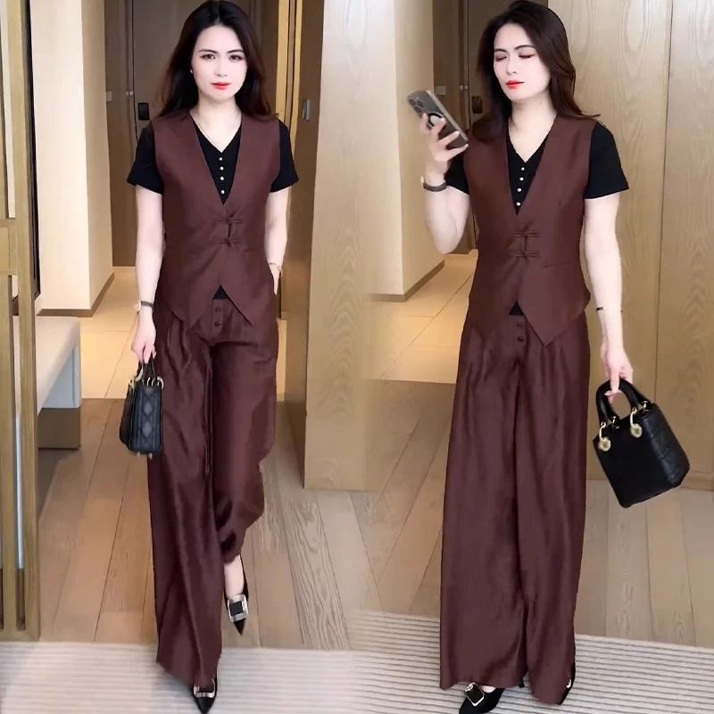 时尚小香风套装女2025夏季新款洋气显瘦减龄马甲上衣阔腿裤两件套