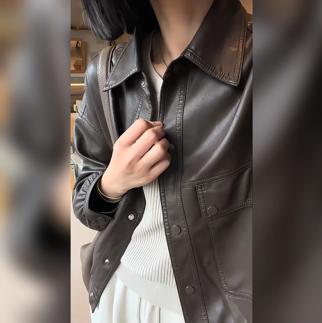 2025新款皮衣外套女秋季翻领韩版百搭时尚机车服短款气质pu皮夹克