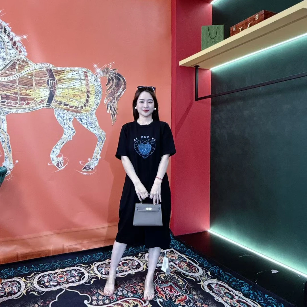 1967法国小爱心蓝水砖石长款A字裙子春秋季女装设计感连衣裙女