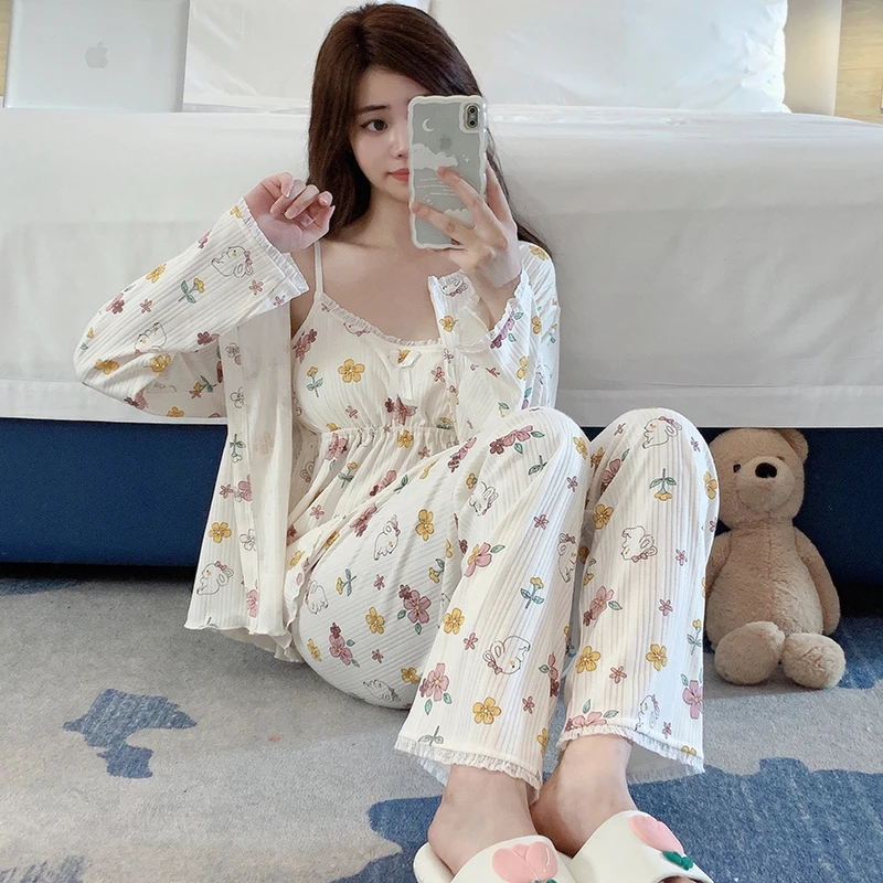 新款ins风碎花棉带胸垫家居服睡衣三件套纯欲花边蝴蝶结春秋薄款