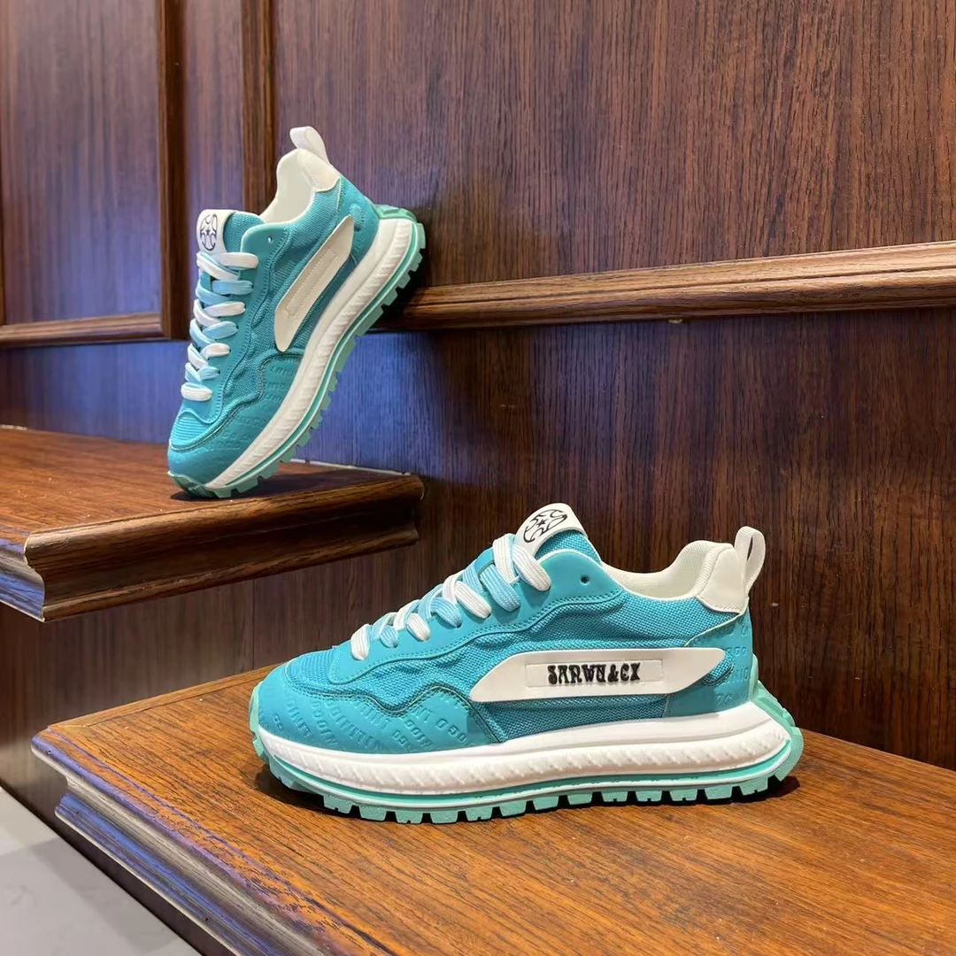 春季男鞋2025新款时尚拼色网面休闲运动鞋厚底百搭舒适系带潮男鞋