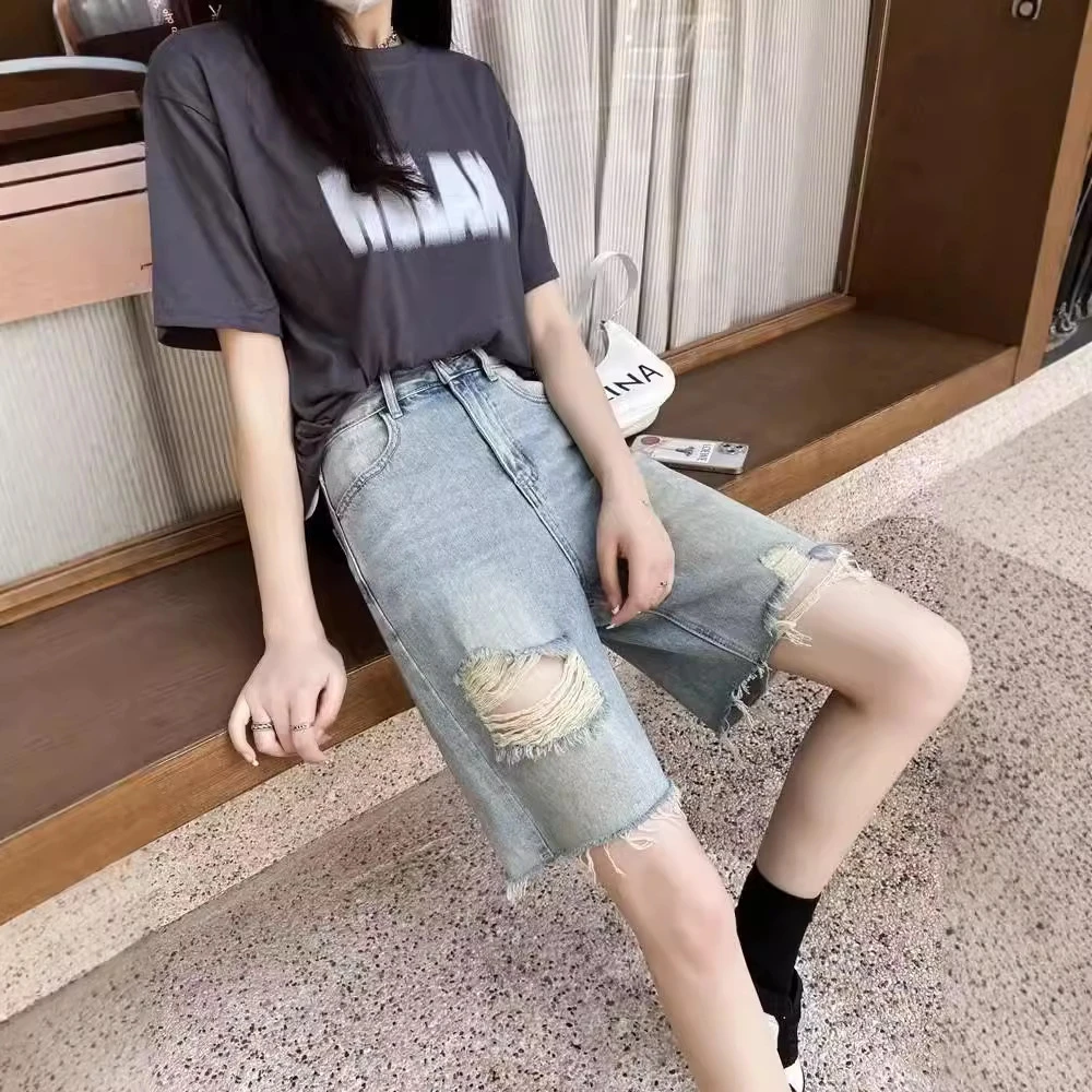 复古破洞牛仔裤女夏季薄款五分裤高腰显瘦宽松a字毛边阔腿中裤
