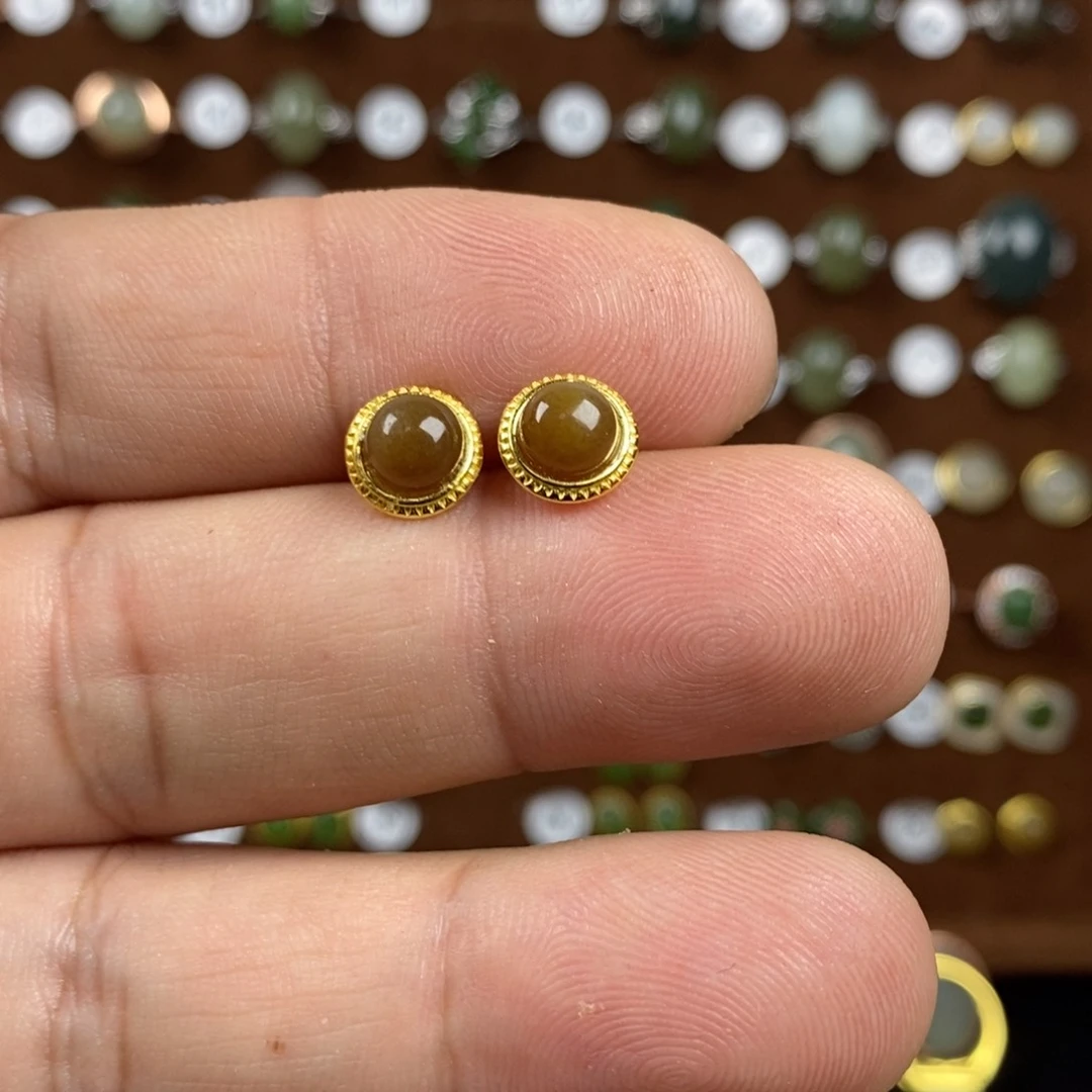 和田玉（糖玉）耳饰银S925镀金镶嵌