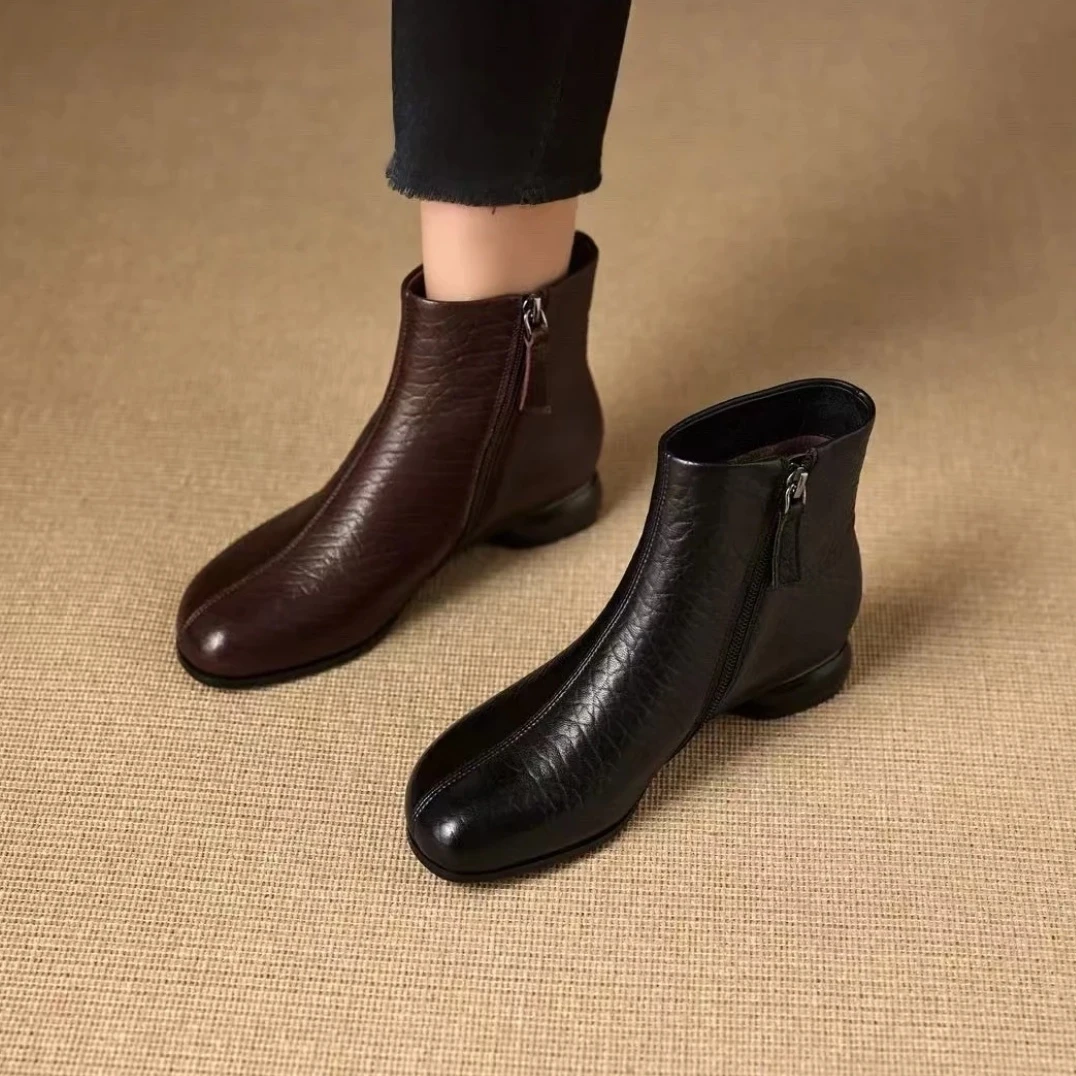 秋季极简风芒果头短靴牛皮瘦瘦靴时尚加绒女靴粗跟