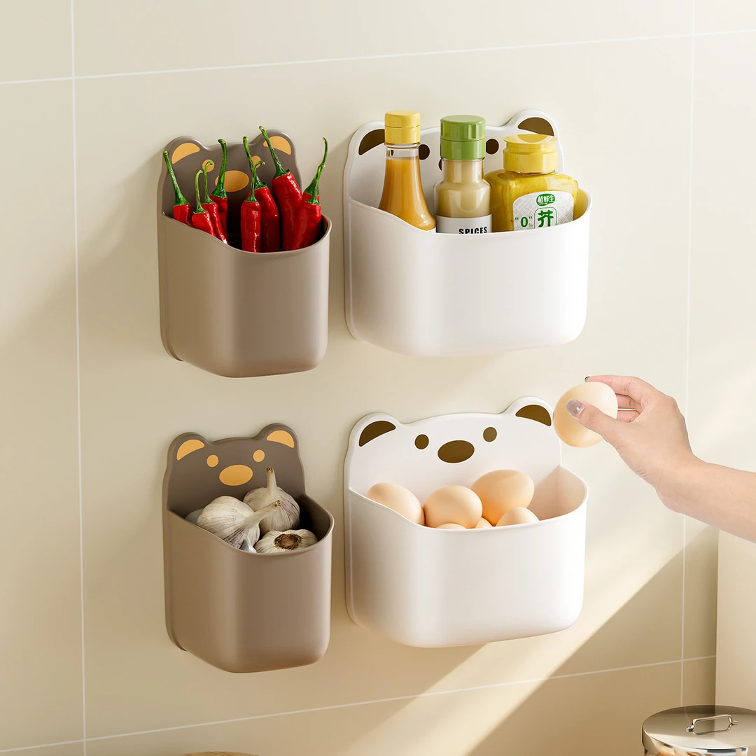 卡通熊壁挂式可爱收纳盒厨房葱姜蒜免打孔置物墙上收纳冰箱侧挂蓝