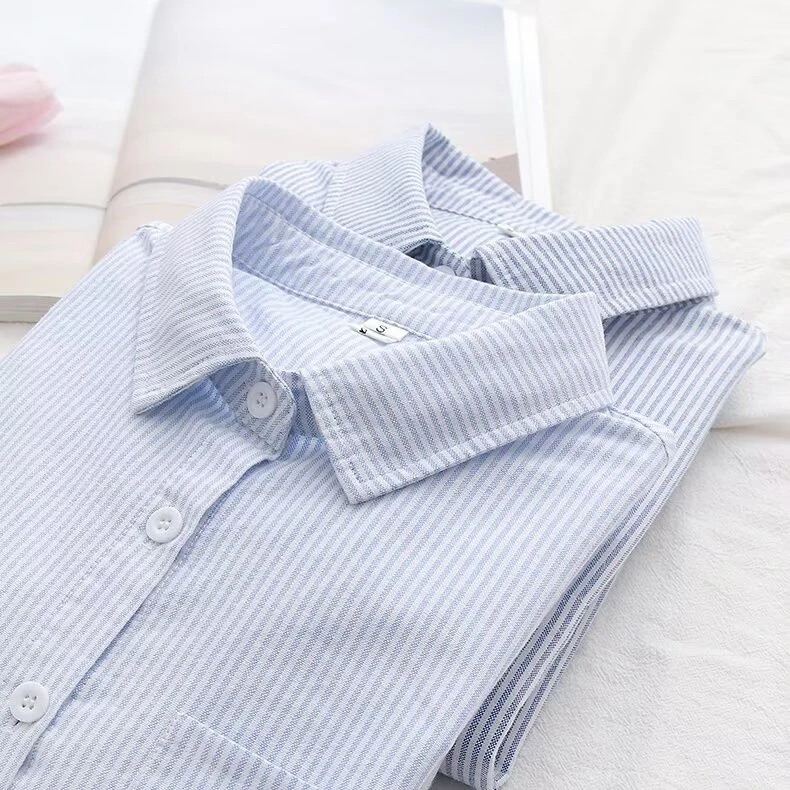 韩范小清新文艺纯棉牛津纺竖条纹衬衫女长袖翻领百搭通勤内搭衬衣