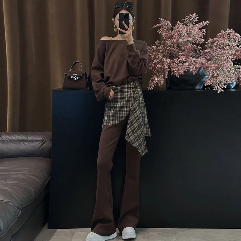 早秋新款套头显瘦斜肩卫衣拼接格子微喇叭长裤套装