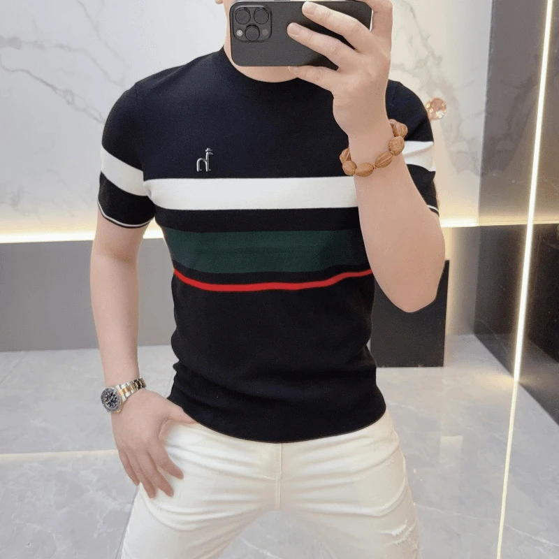 2025秋季新款欧货潮流百搭条纹帅气简约个性短袖T恤男士针织半袖