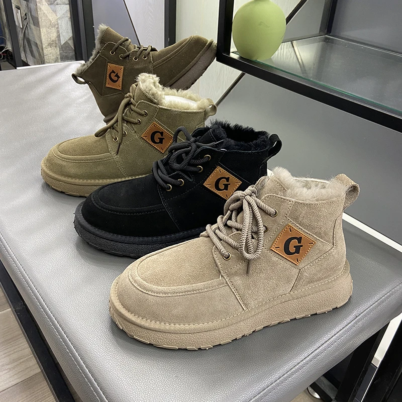 大G真皮磨砂牛皮羊毛加绒保暖雪地靴高帮马丁靴厚底东北防滑棉鞋