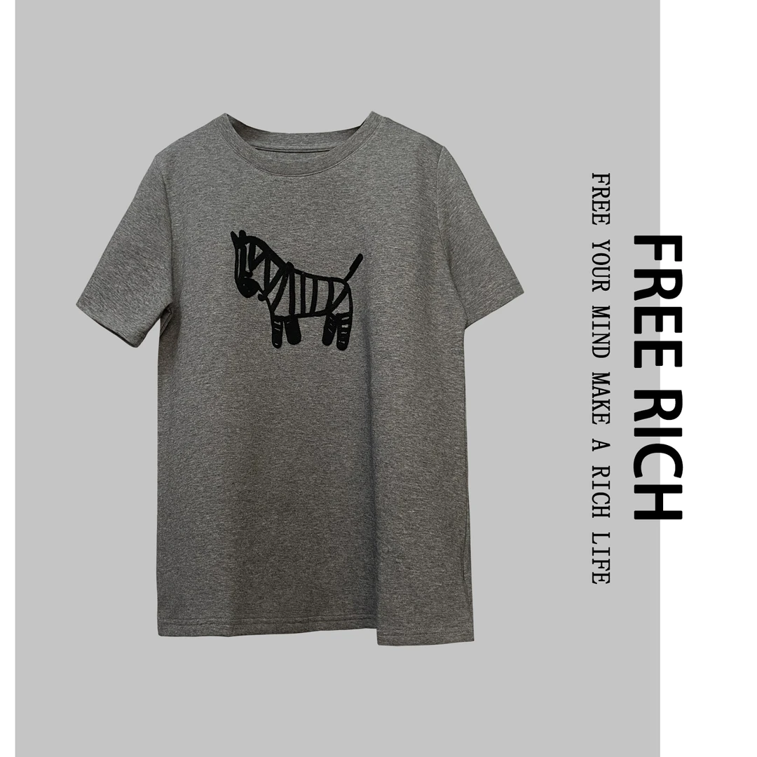 FREE RICHT恤/绣花休闲圆领灰色百搭短袖