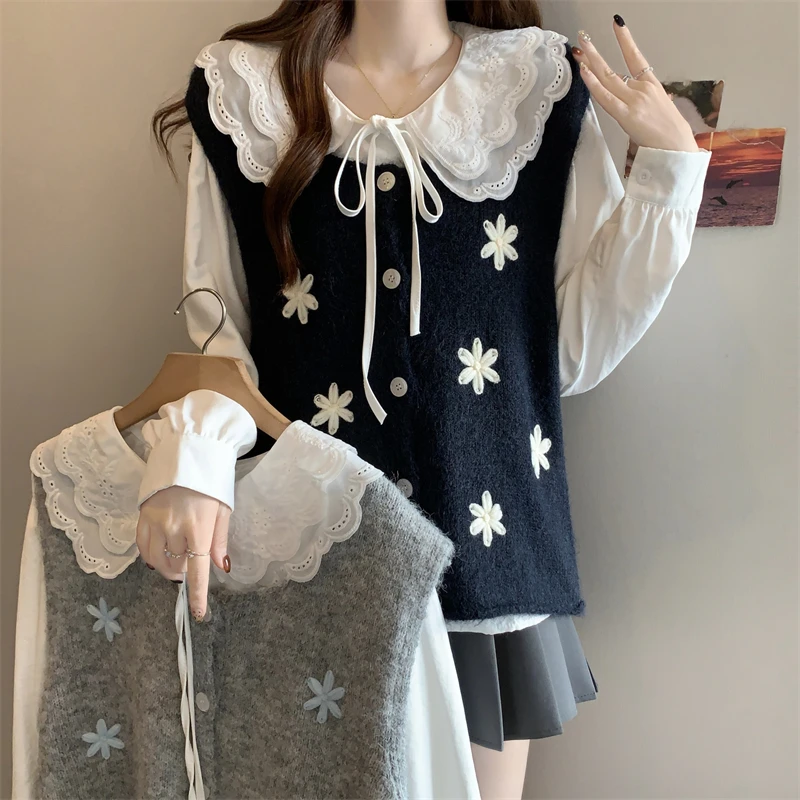 大码女装胖mm高级感刺绣针织马甲外搭早秋穿搭配打底衬衫两件套装