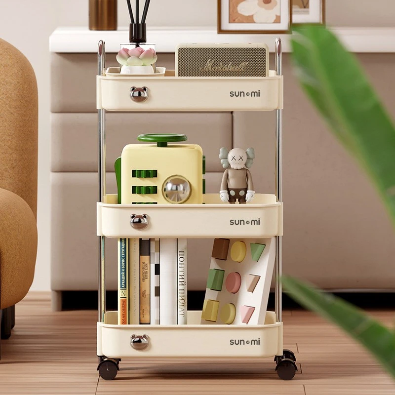 奶油风置物架小推车 可移动收纳餐车客厅卧室厨房零食收纳架书架
