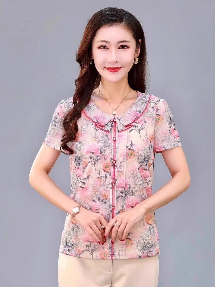 弹力台湾网纱休闲中老年妈妈装时尚夏季短袖修身上衣T恤薄款碎花