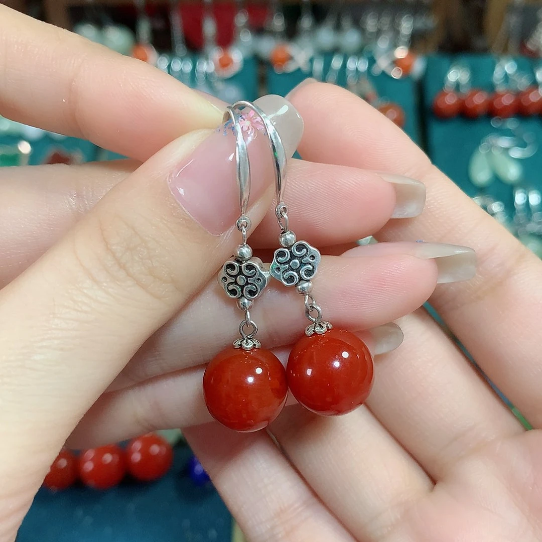 玛瑙/玉髓耳饰银S925镶嵌天然红玛瑙12mm左右（锦红）