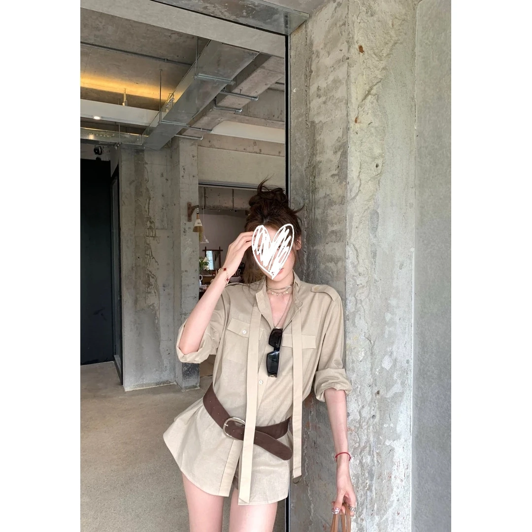 2025年法式气质设计感小众卡其苎麻姐感衬衣+万金油卡其短裤套装