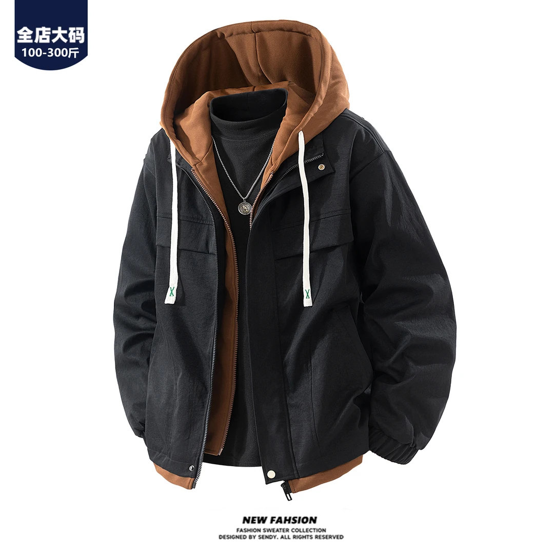 胖胖森大码假两件连帽夹克男士春秋季休闲宽松加肥加大百搭外套男